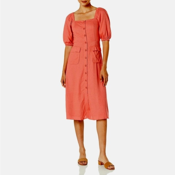 BCBGMAXAZRIA Dresses & Skirts - BCBGMAXAZRIA Fit and Flare Safari Midi Dress Salmon Pink Size 4 Puff Sleeves